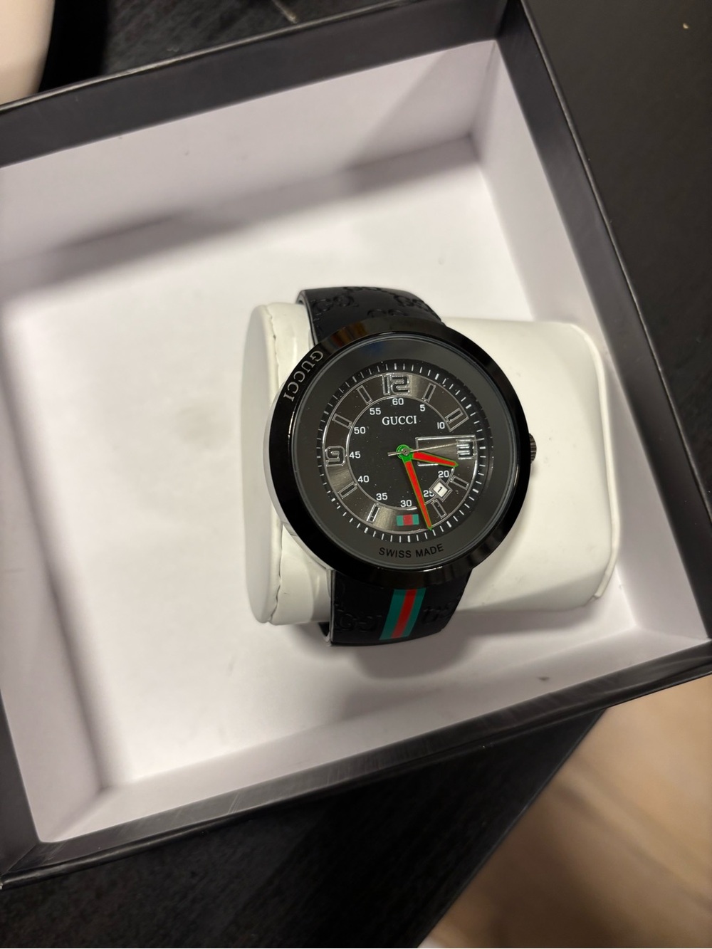 Gucci Black Dial Leather Watch with Green-Red Accent Stripe